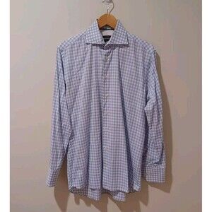 Suitsupply Cannes Slim Fit Cotton Two Ply Blue Check Button Front Shirt 39/15.5
